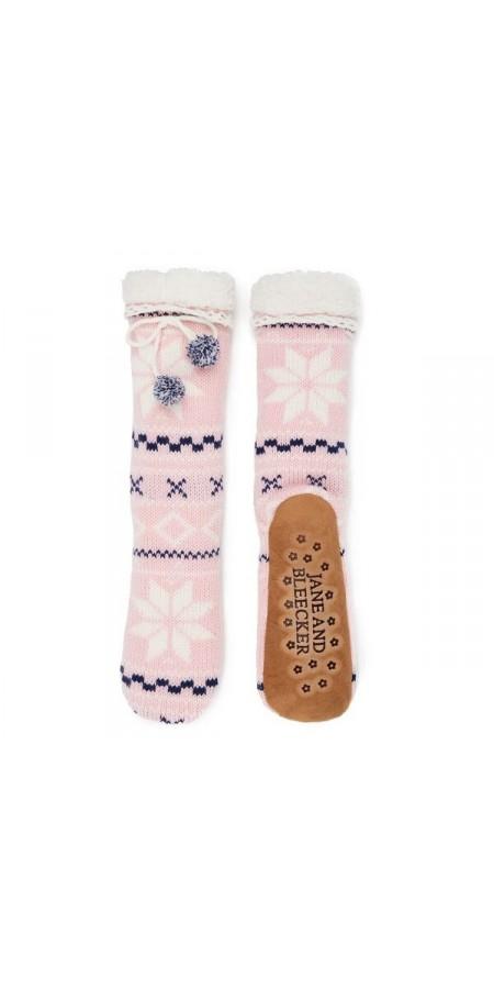 Snowflake Pom Tie Scallop Top Slipper Sock - Parfait Pink