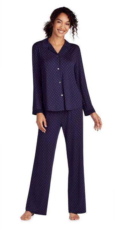 Modal Jersey & Washed Satin Long Sleeve Pj - Indigo Sky Diamond Dots