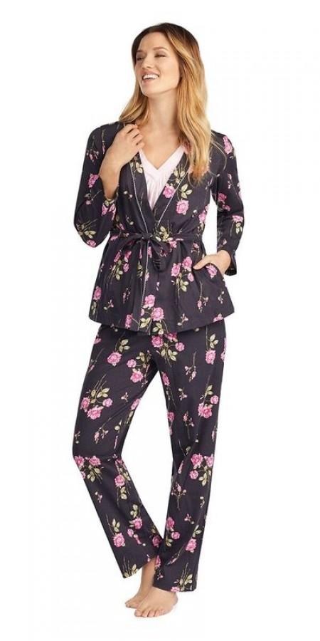 Soft Jersey 3 Pc Long Pj Set - Rose Branch