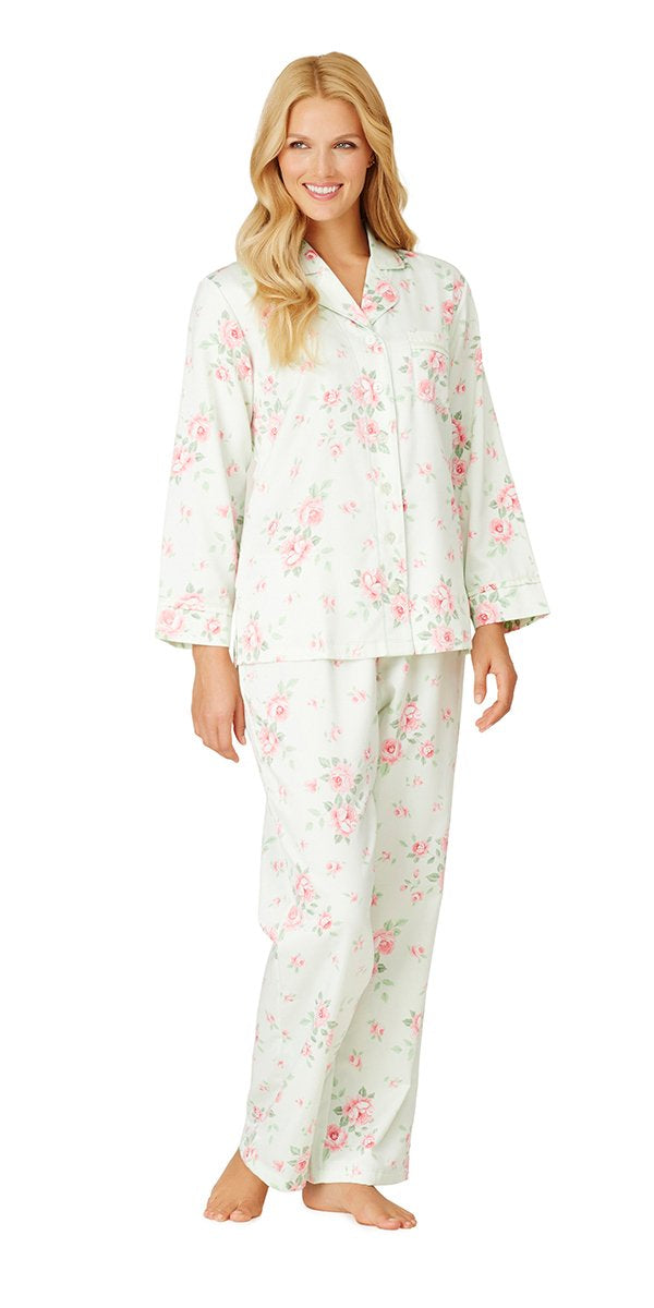 Plus Size Brush Back Satin Long Pajama - Cascading Floral Celadon