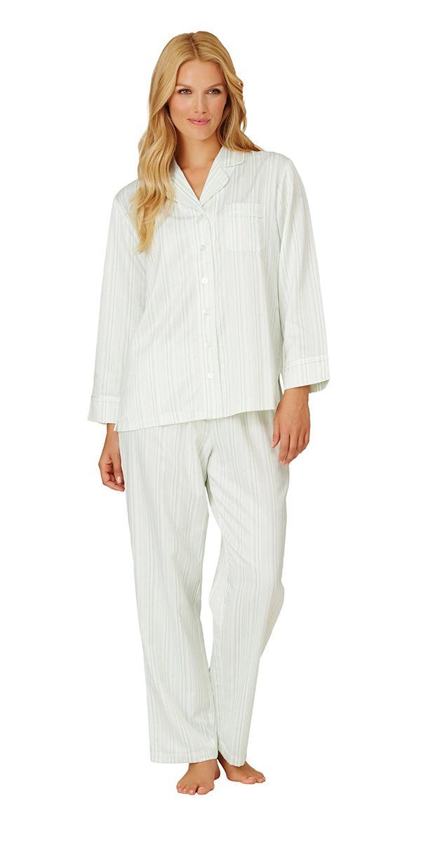 Plus Size Brush Back Satin Long Pajama - Hampton Stripe Ivory Celadon