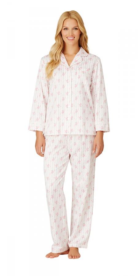Plus Size Brush Back Satin Long Pajama - Ribbon Wallpaper Stripe Pink Ivory