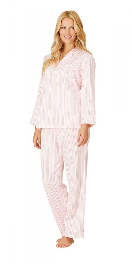Plus Size Brush Back Satin Long Pajama - Hampton Stripe Ivory Pink Lemonade