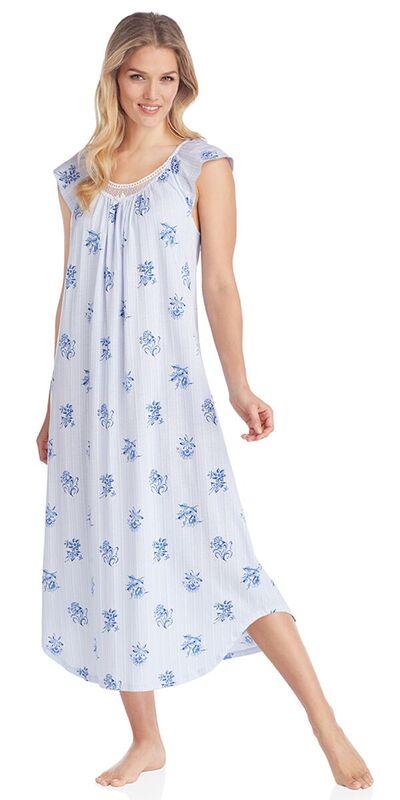 Cotton Jersey Long Gown - Blue Floral Stripe