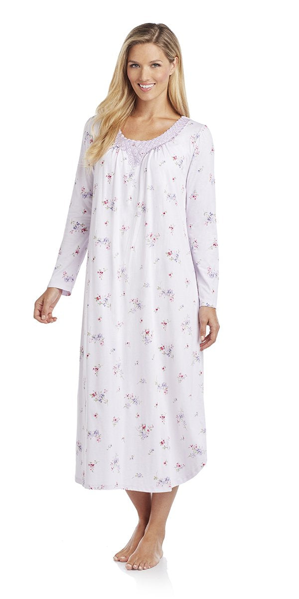 Cotton Jersey Long Gown - Flowers Pale Lotus